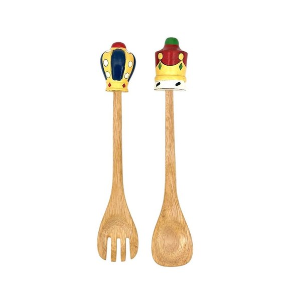 Vintage King & Queen Wooden Salad Serving Set Fork And Spoon Hand Painted Wood - Picture 2 of 9
